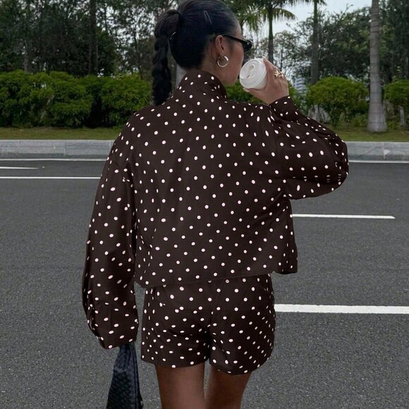 Casual Women's Polka Dot Print Long Sleeve Zip-Up Jacket & shorts set - Picture 2 of 6